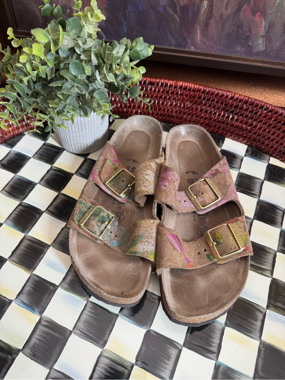 Birkenstock Brown Suede Two-Strap Sandals Arizona Flower Crush